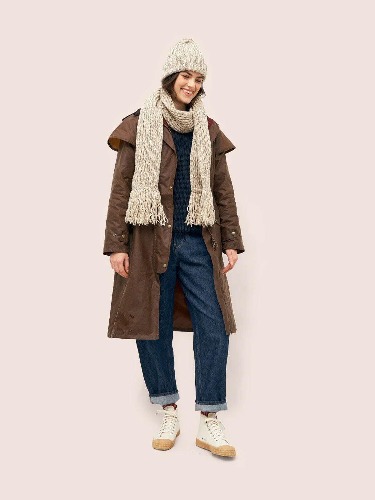 Bala Made in England Waxed Cotton Long Trench Coat in Dark Tan - Image 3