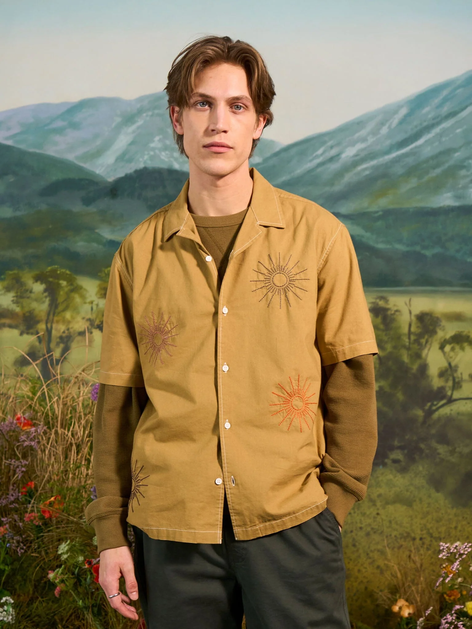 Baxter Cotton Embroidered Short Sleeve Shirt in Khaki - Image 3