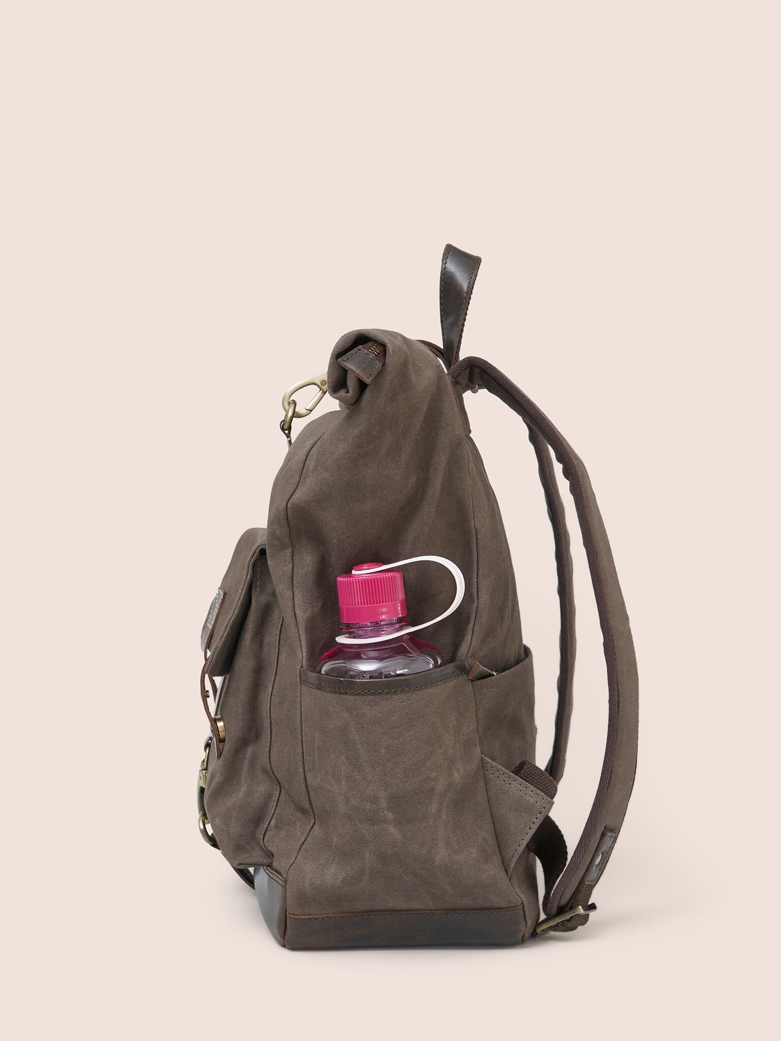 Sri Lanka Waxed Cotton Roll Top Clip Backpack in Chestnut - Image 4