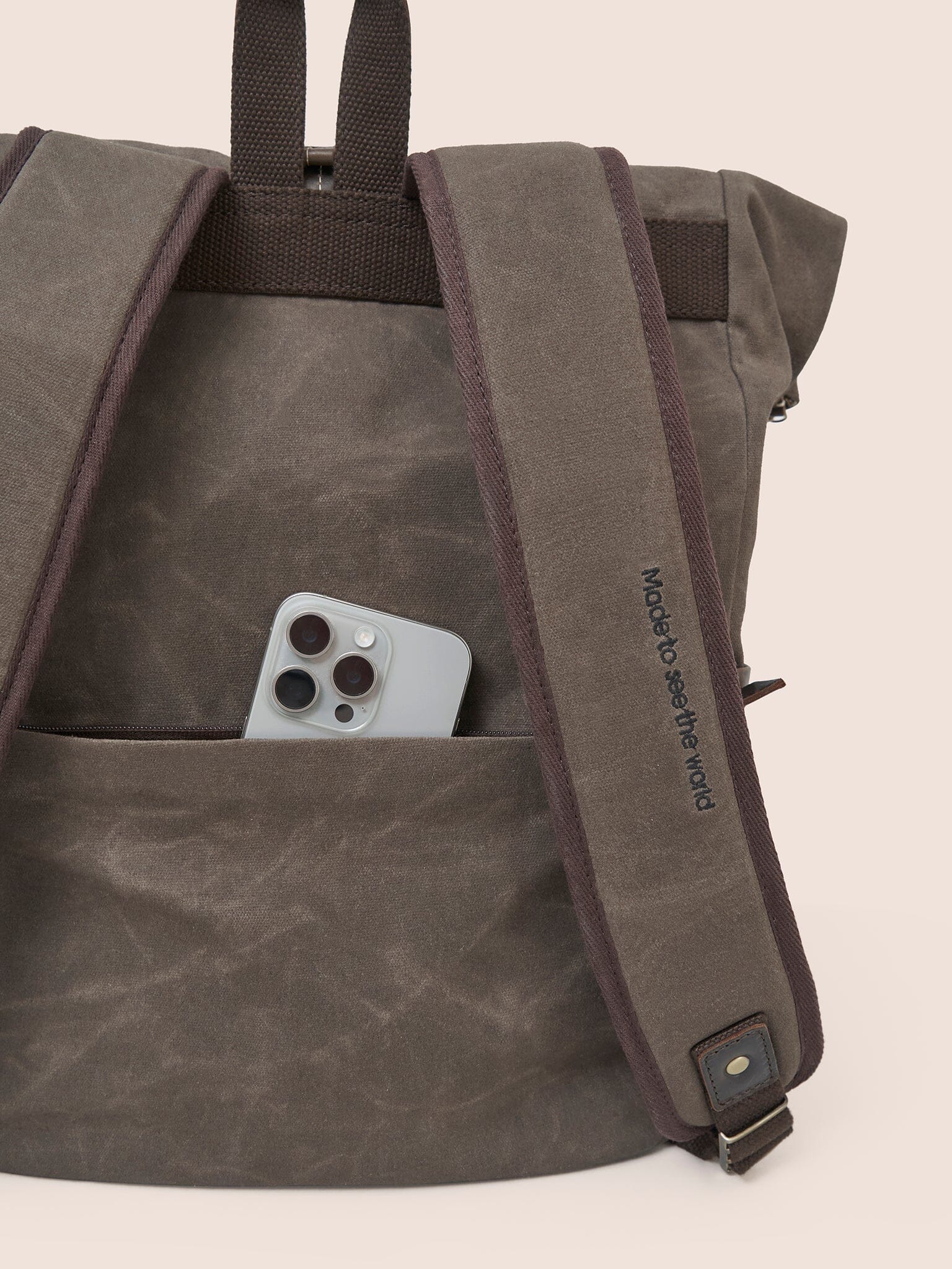 Sri Lanka Waxed Cotton Roll Top Clip Backpack in Chestnut - Image 5