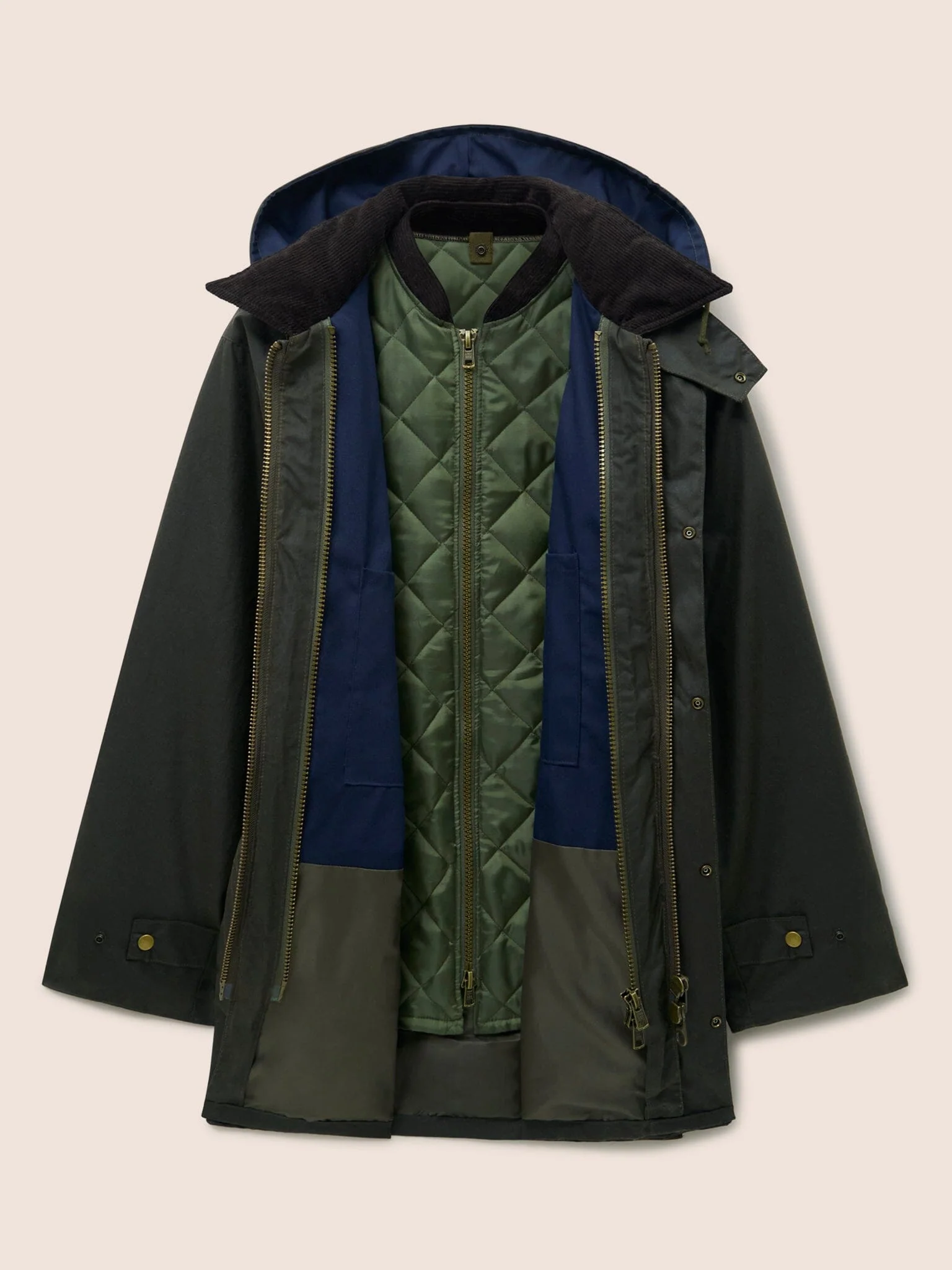 Leighton Waxed Cotton 4 in 1 Coat in Dark Olive - Image 4