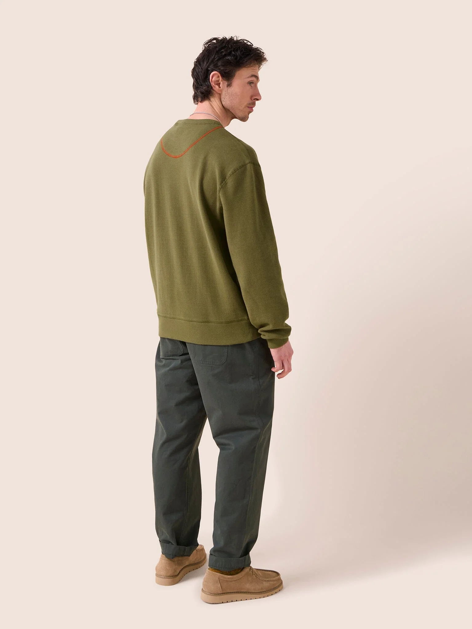 Luzon Organic Cotton Waffle Crew Neck Jumper in Khaki - Image 3