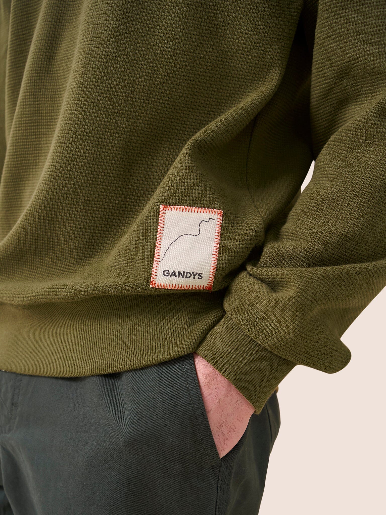 Luzon Organic Cotton Waffle Crew Neck Jumper in Khaki - Image 5