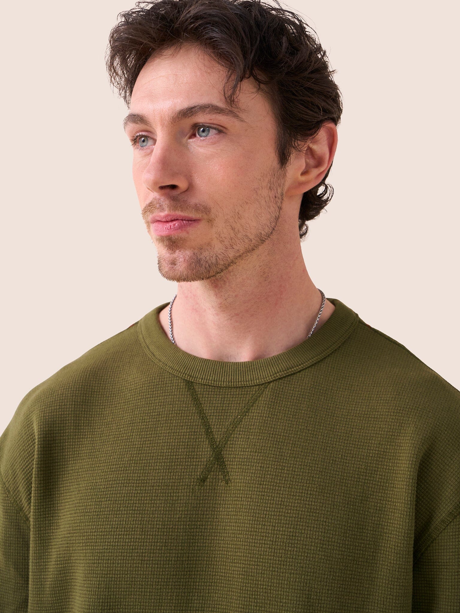Luzon Organic Cotton Waffle Crew Neck Jumper in Khaki - Image 6