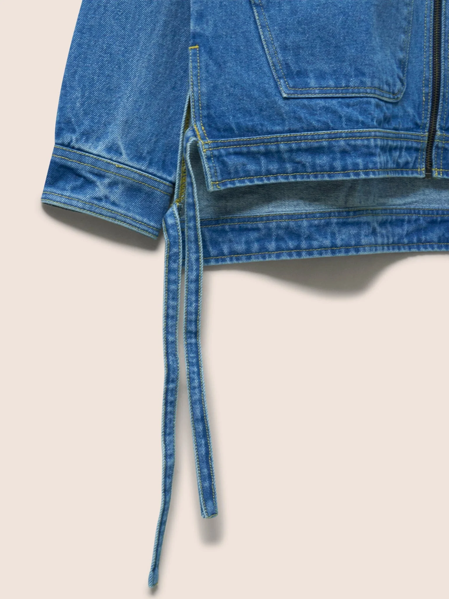 Nimes Cotton Tie Detail Denim Jacket in Midwash - Image 6