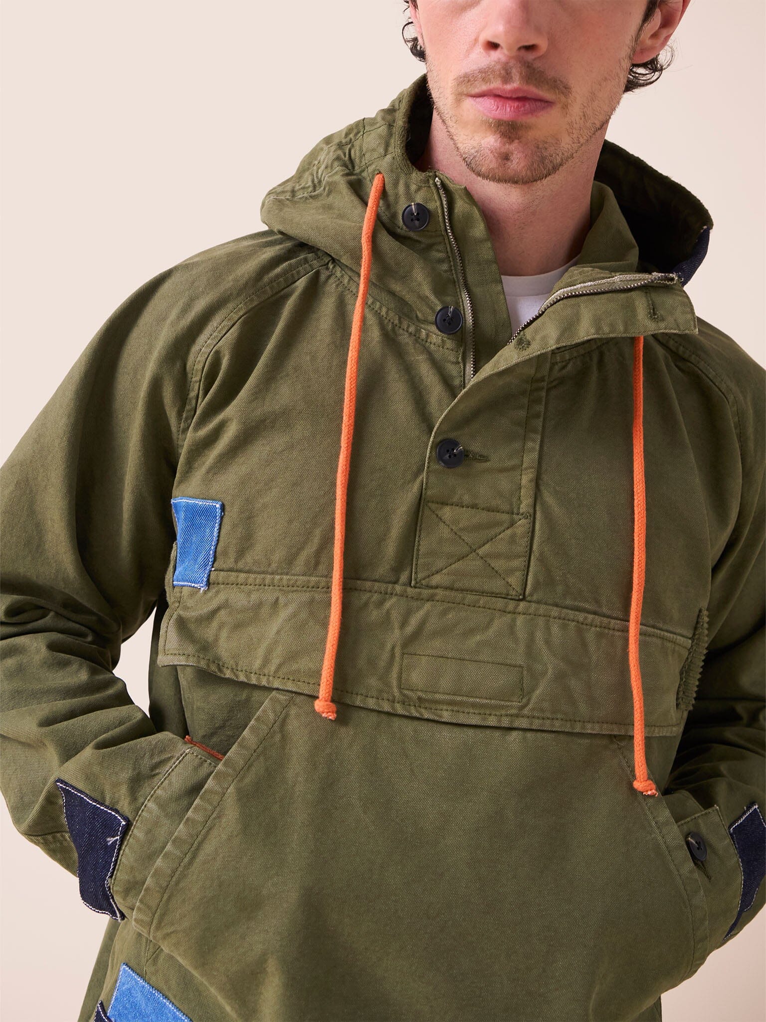 Oslo Cotton Patchwork Overhead Parka Jacket in Khaki - Image 4