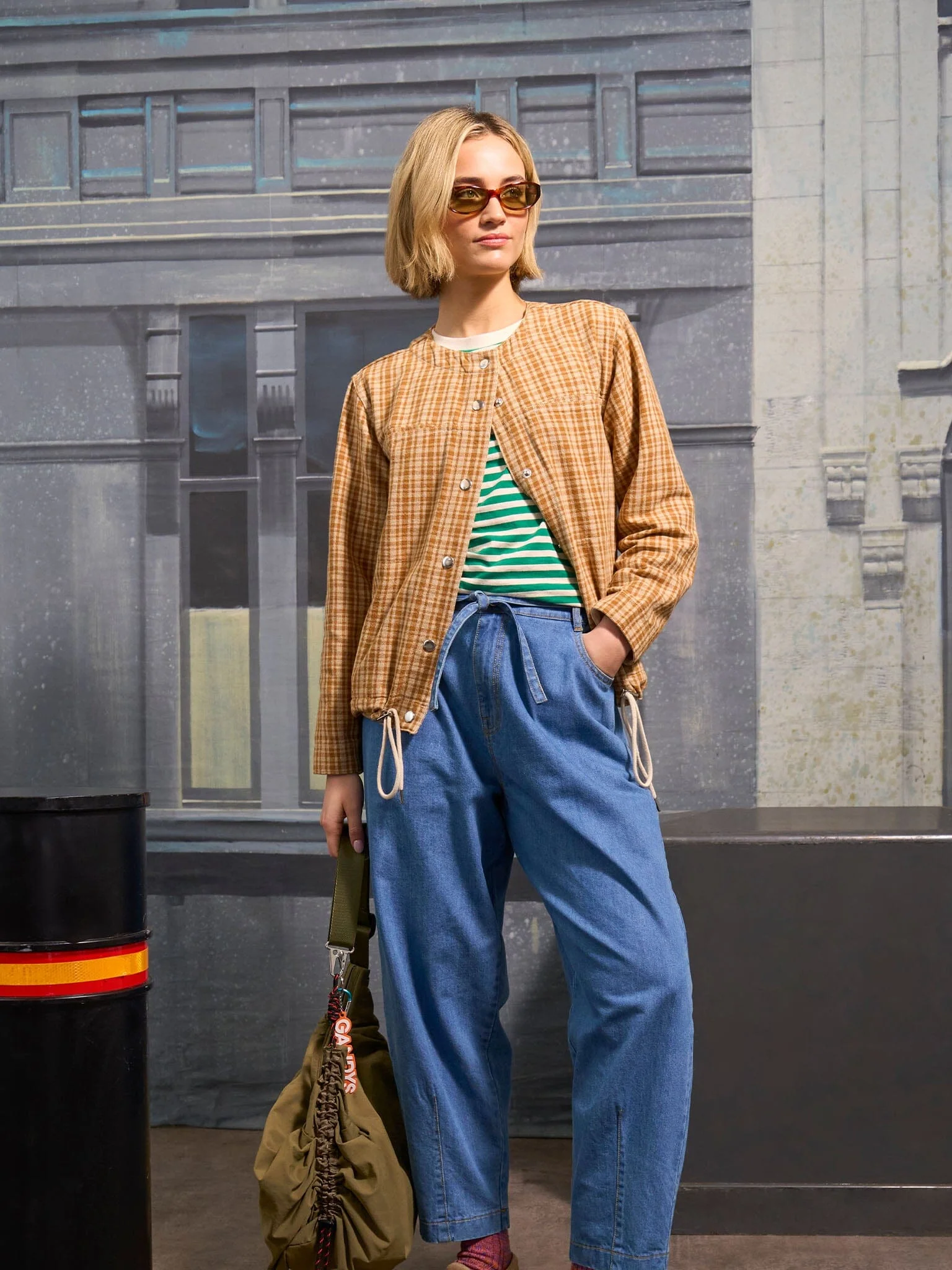 Provence Cotton Collarless Jacket in Mustard Check - Image 2
