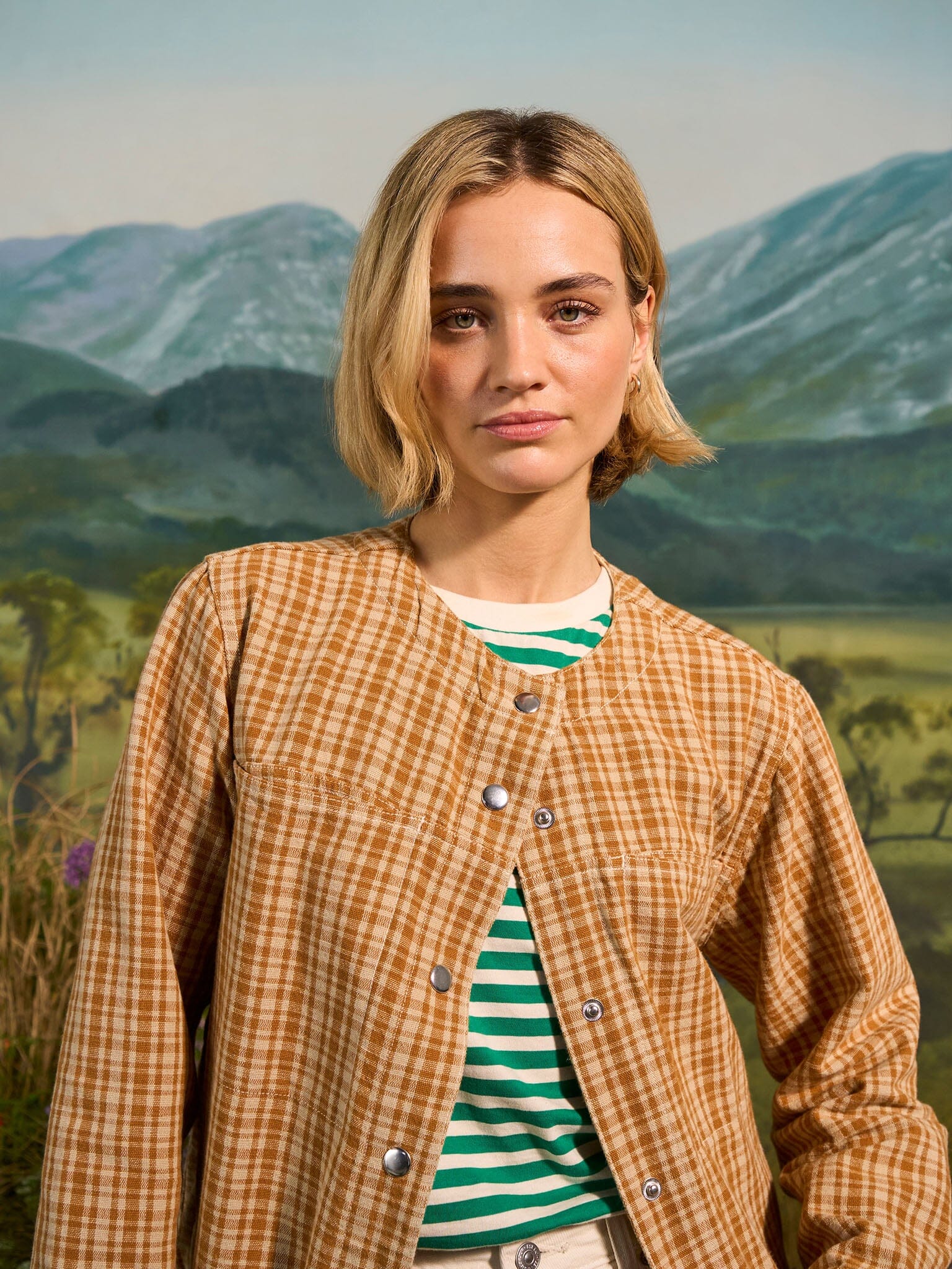 Provence Cotton Collarless Jacket in Mustard Check - Image 3