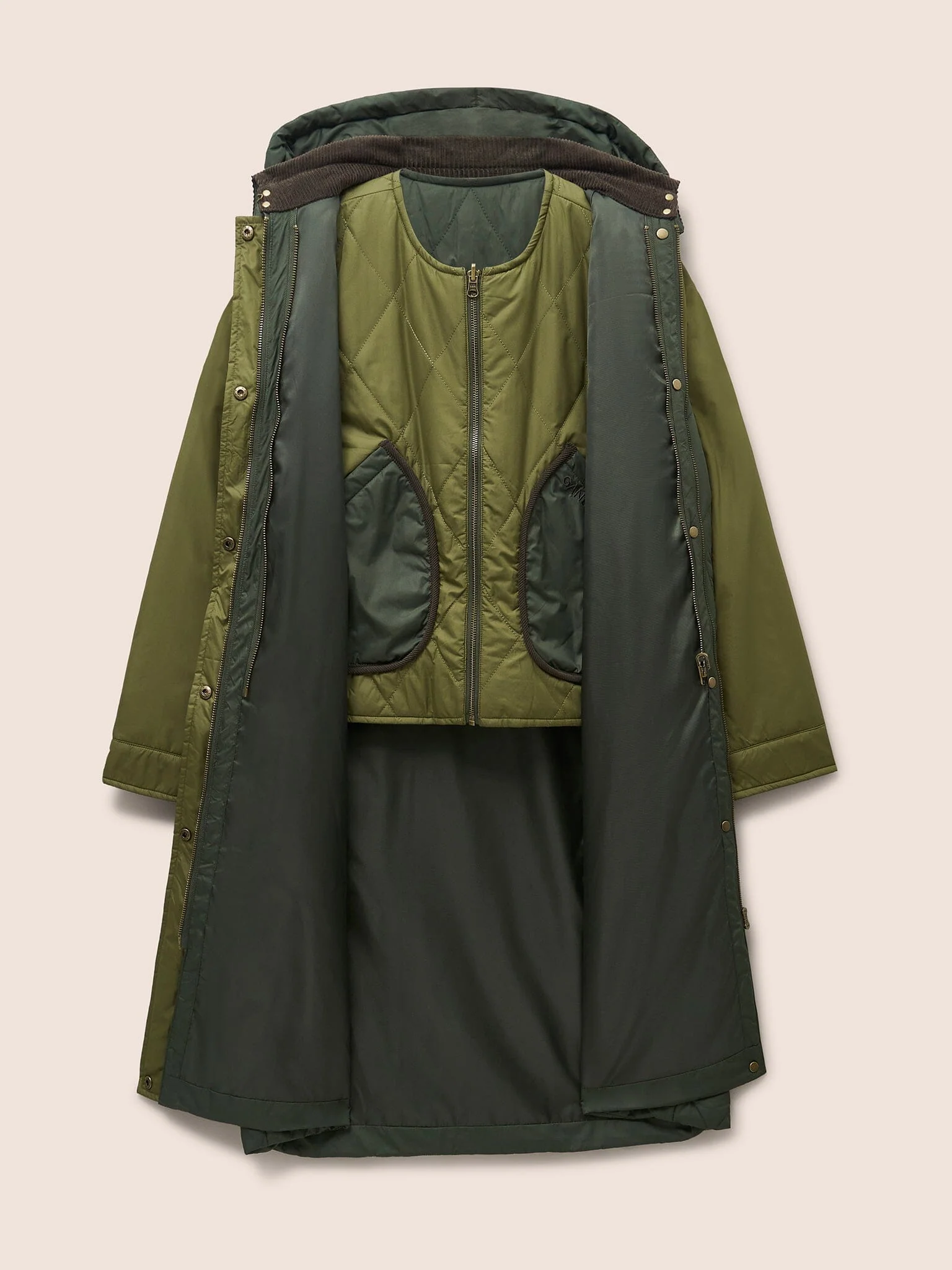 Quebec Quilted 3 in 1 Modular Longline Coat in Khaki - Image 3